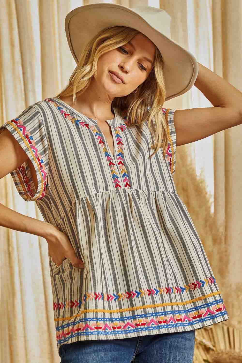 Striped Babydoll Linen Top with Aztec Embroidery Charcoal