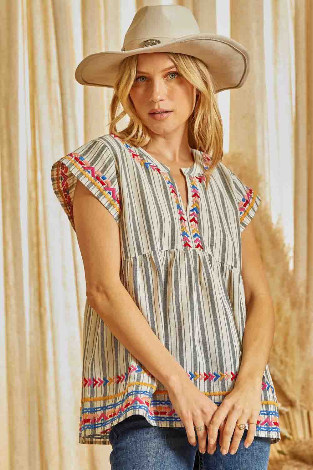 Striped Babydoll Linen Top with Aztec Embroidery Charcoal