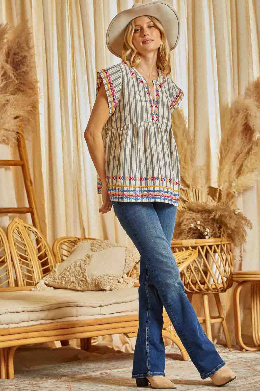 Striped Babydoll Linen Top with Aztec Embroidery Charcoal