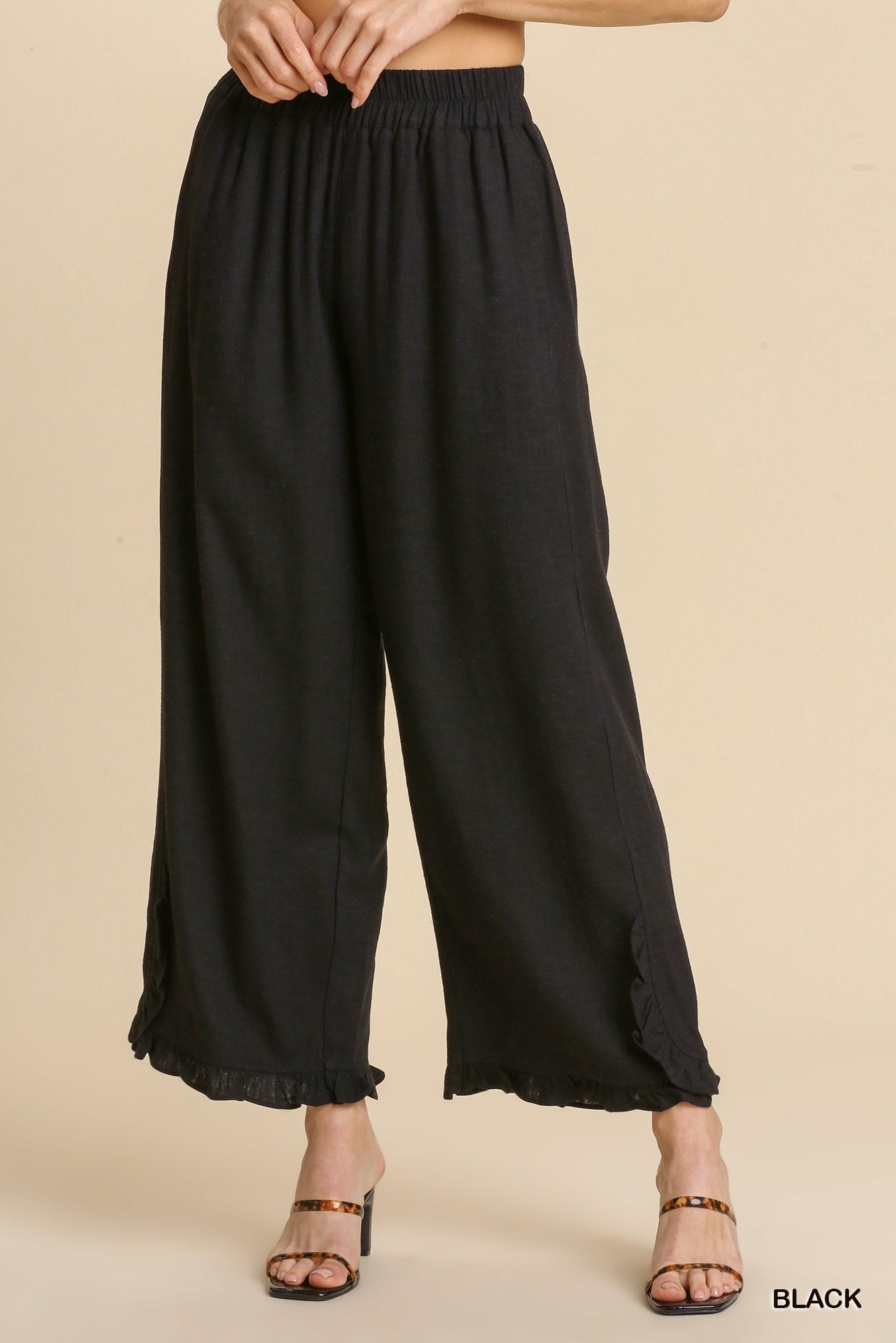 Umgee Black Linen Ruffle Pants