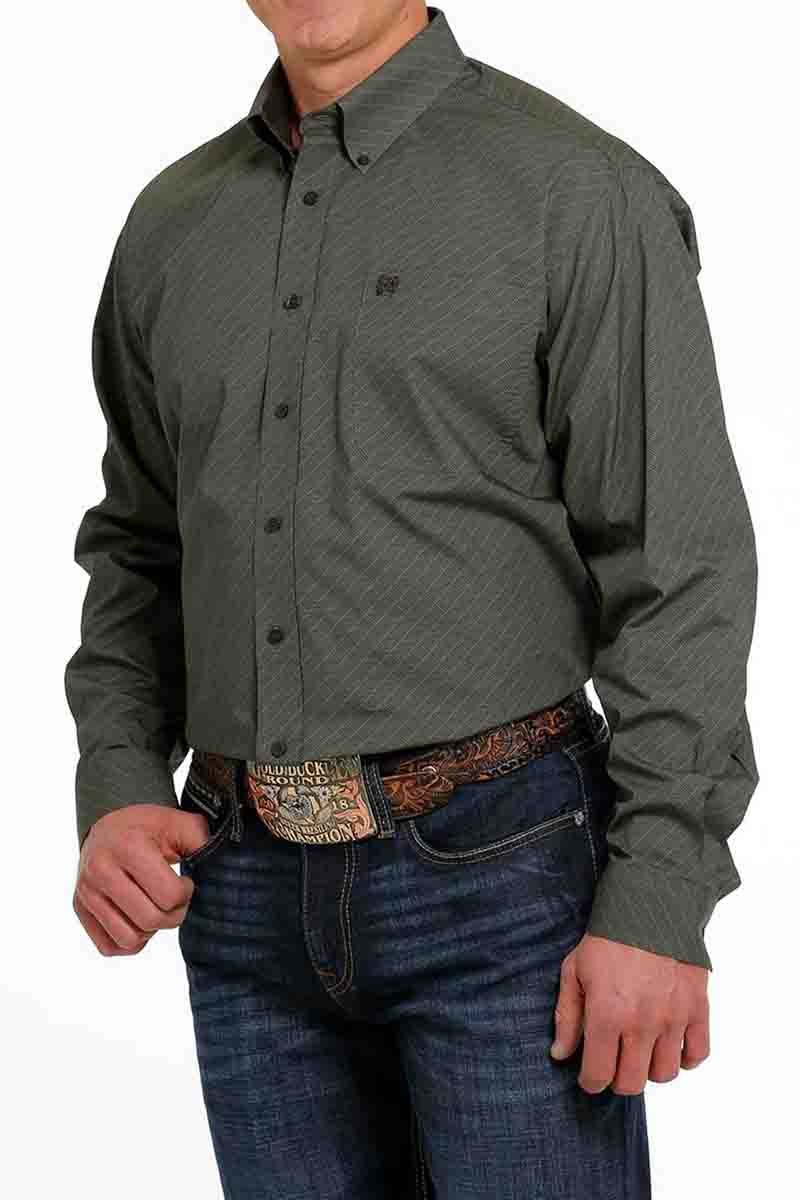 Cinch Long Sleeve Button Down Olive Print