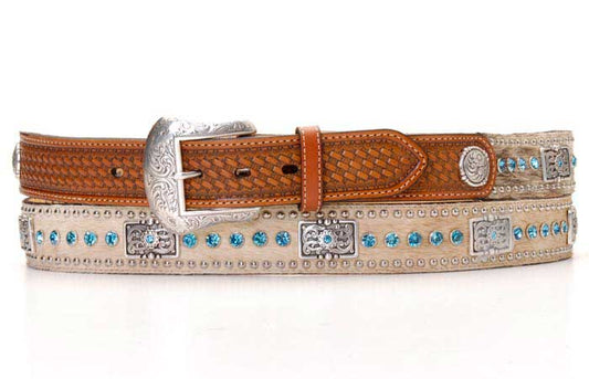 Nocona Western Belt Tan Calf Hair with Blue Rhinestones