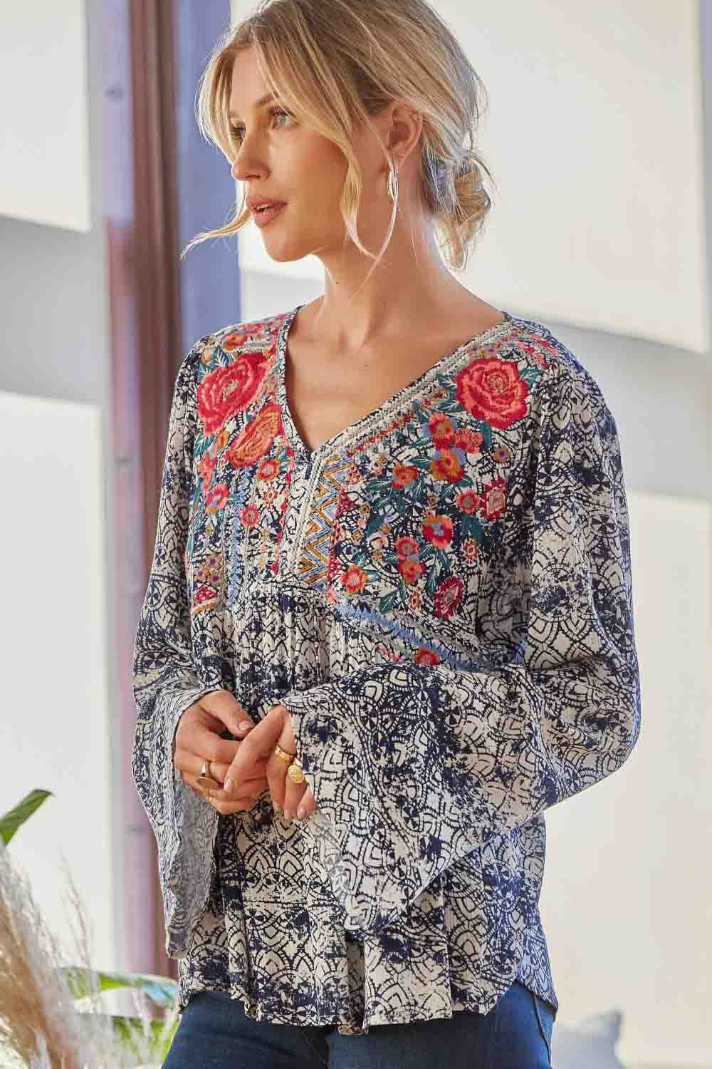 Navy Embroidered LSL Top