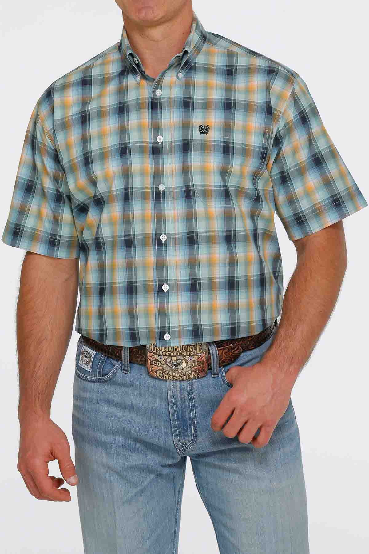 Cinch Short-Sleeve Plaid Button-down Multi